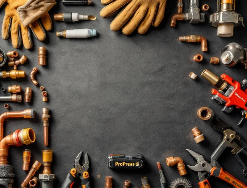 Burst pipe repair tool roll with ProPress, copper fittings, and PEX expansion tool