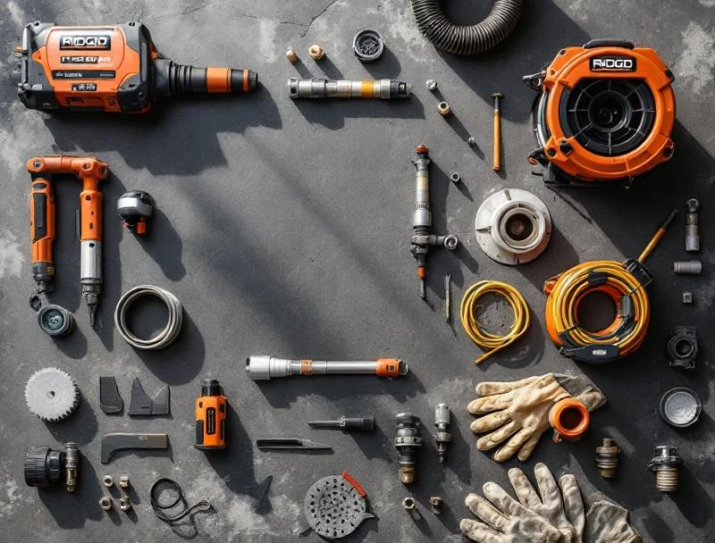 Drain cleaning equipment flat-lay with cable machines, hydrojet nozzle, and camera reel