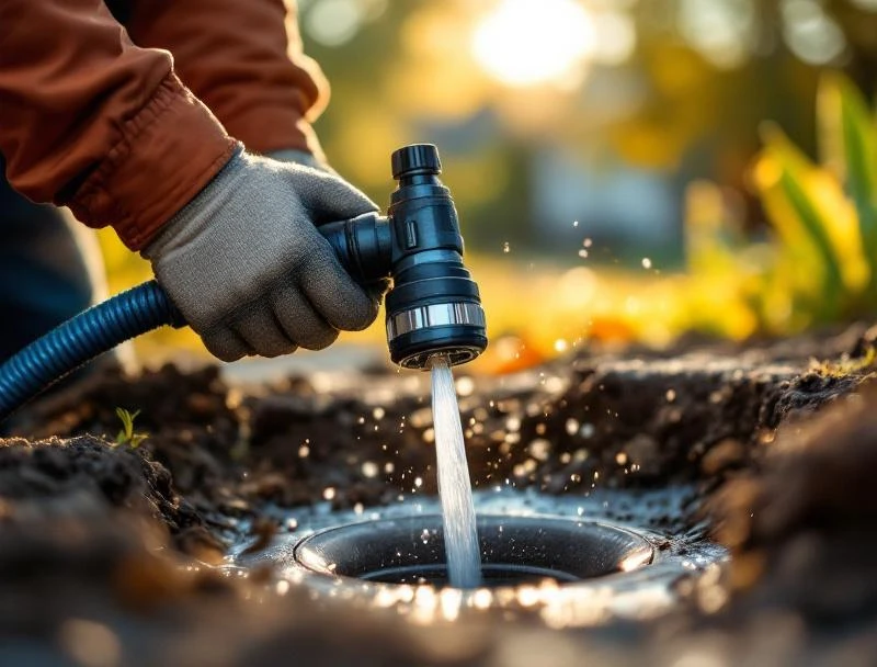 Hydrojet nozzle entering main line cleanout in Tulsa side yard