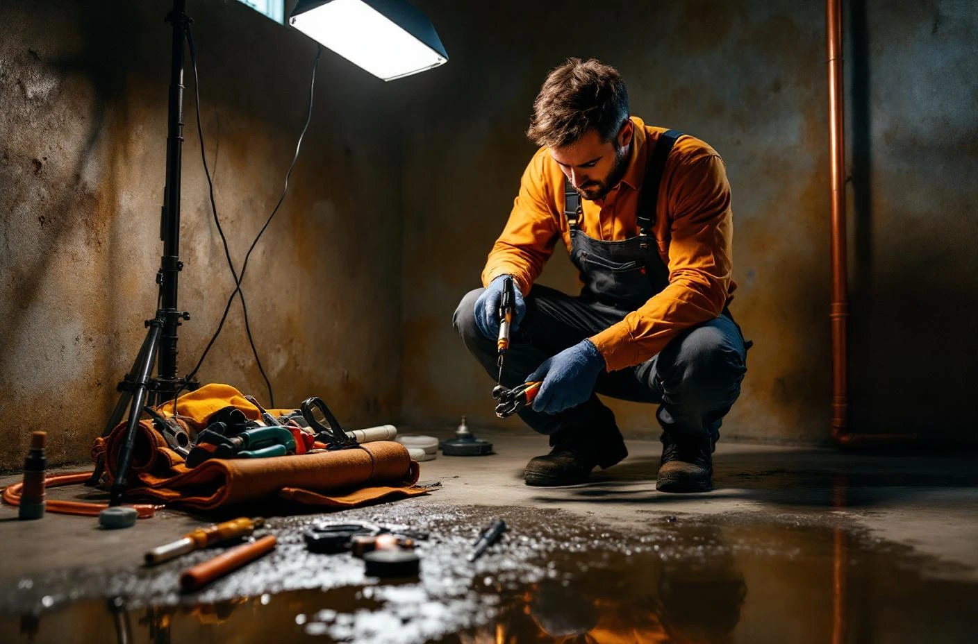 Tulsa emergency plumber working on burst supply line in residential utility room at night