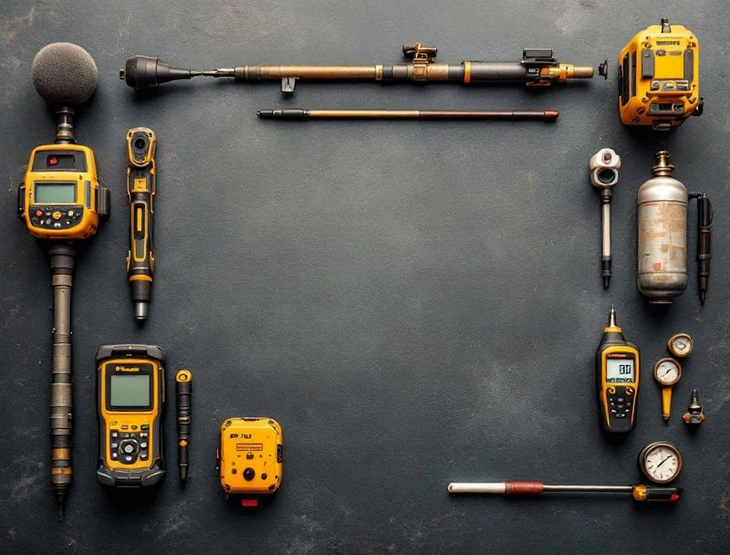 Leak detection equipment with acoustic, thermal, and tracer-gas tools flat-lay