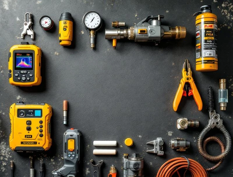 Slab leak detection equipment with acoustic, thermal, and tracer-gas tools