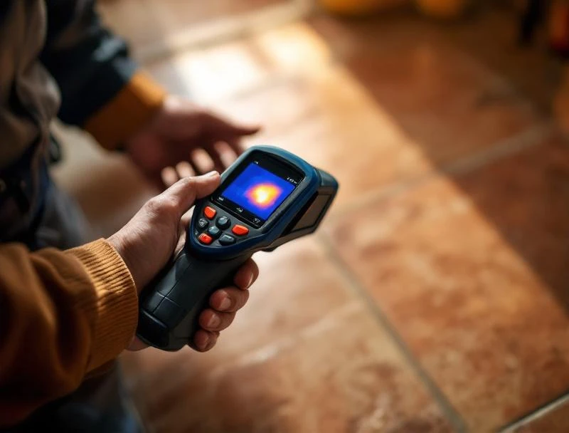 FLIR thermal camera locating hot-side slab leak in Tulsa home