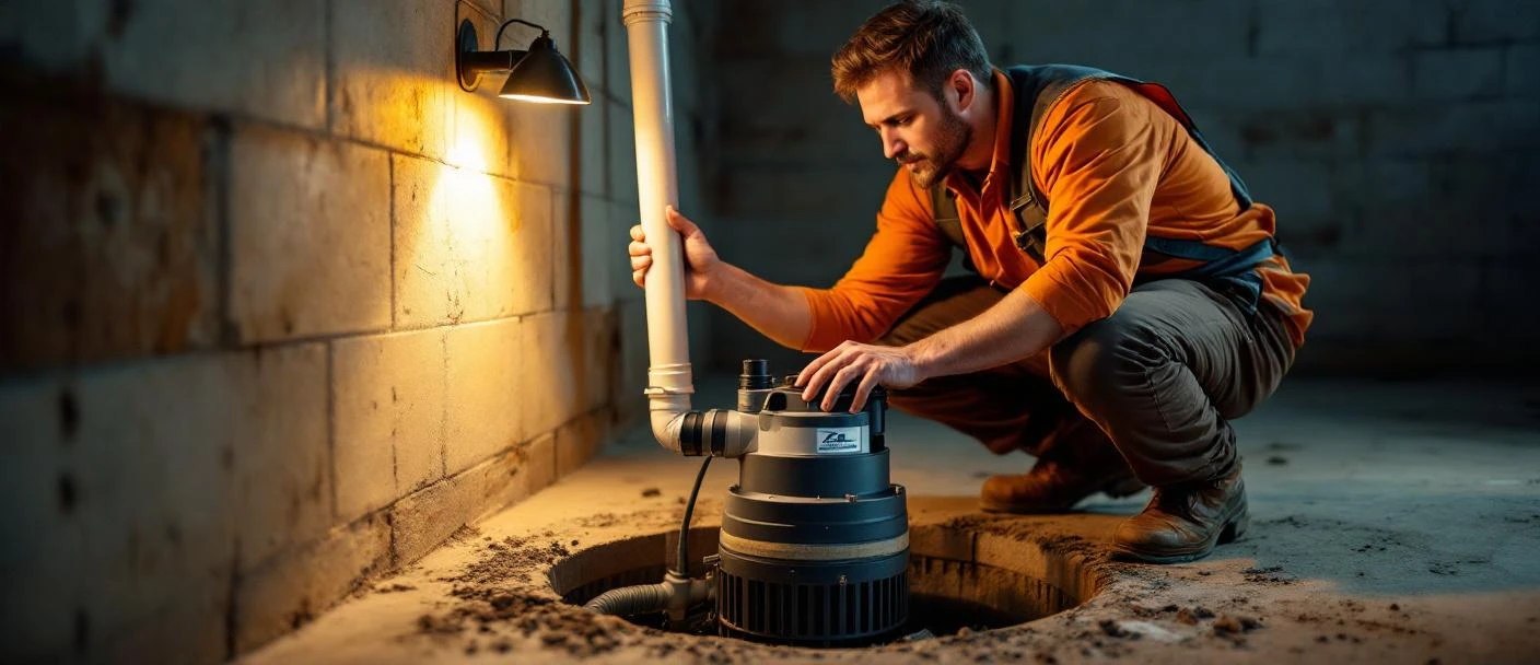 Submersible sump pump replacement in Tulsa basement during storm season