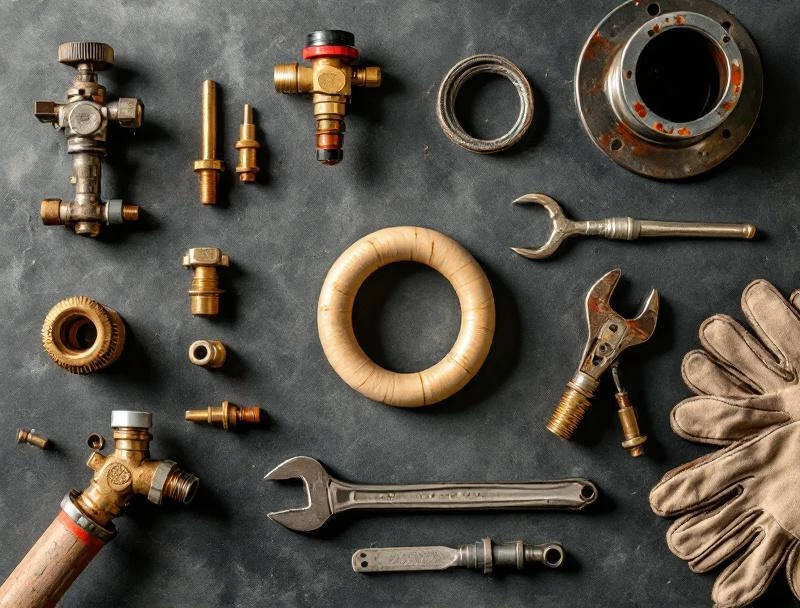 Toilet repair components flat-lay with wax ring, fill valve, flapper, and supply line