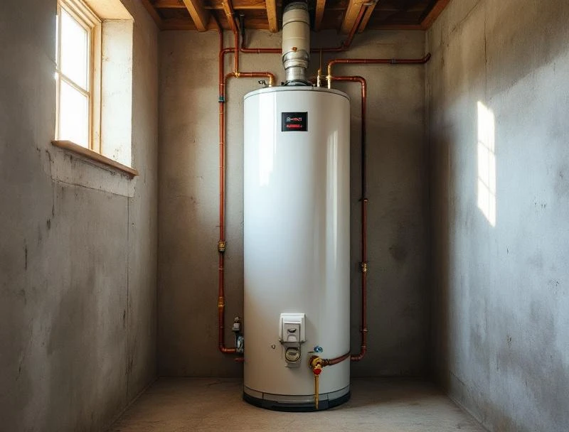 Newly installed Bradford White water heater with proper sediment trap and T&P discharge in Tulsa utility closet
