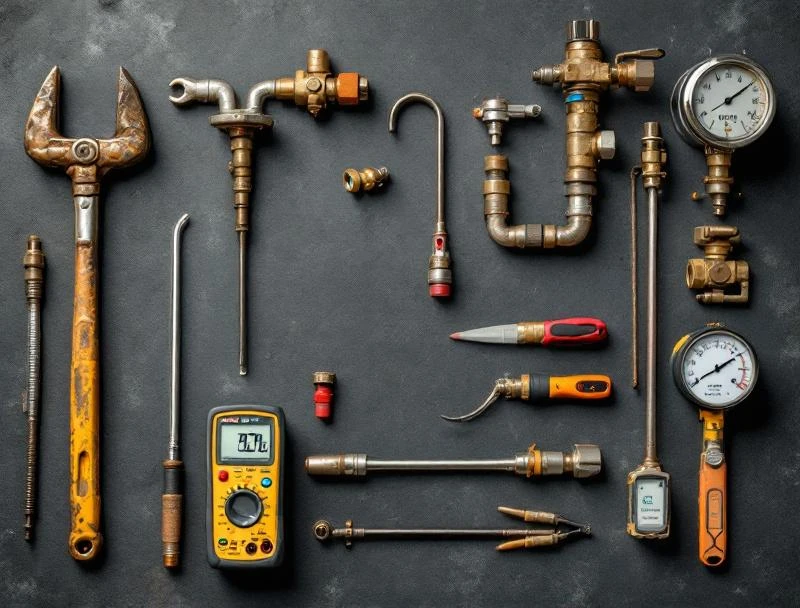 Water heater diagnostic and repair tool flat-lay including element wrench and manometer