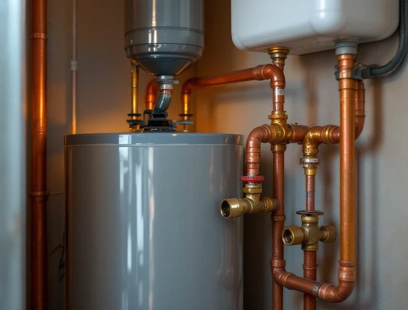Finished water heater install with sediment trap and proper T&P discharge in Tulsa